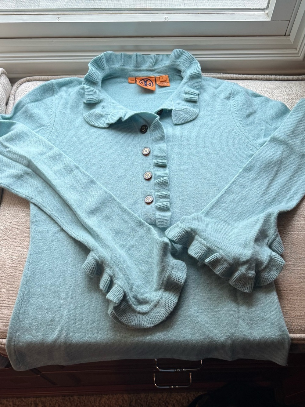 Tory Burch Light Blue Ruffle-Trim Cashmere Henley